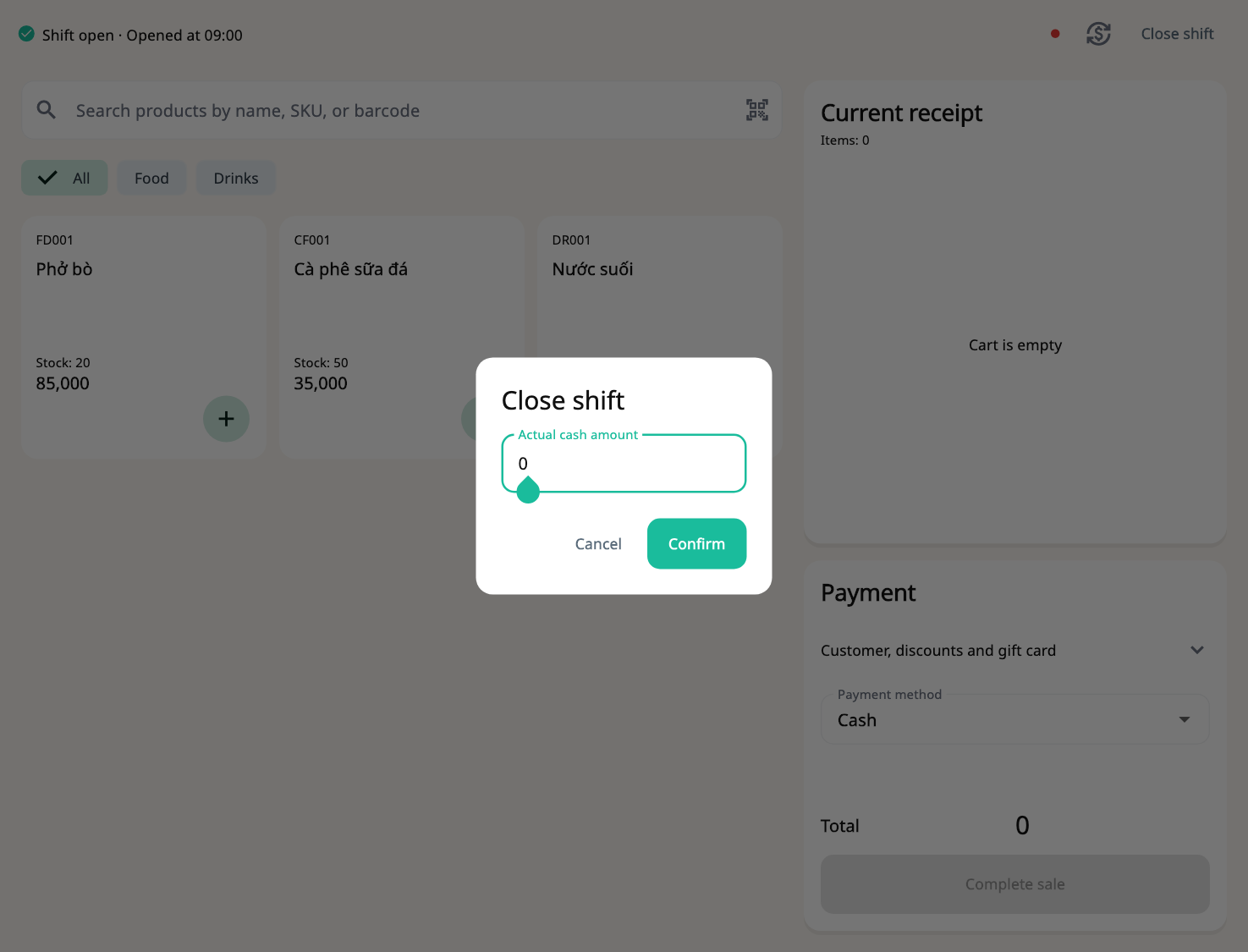 Cash session and cash movements