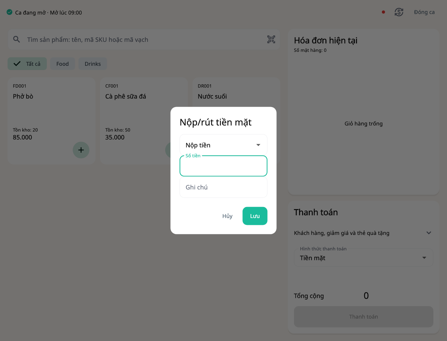 Ca thu ngân và tiền mặt