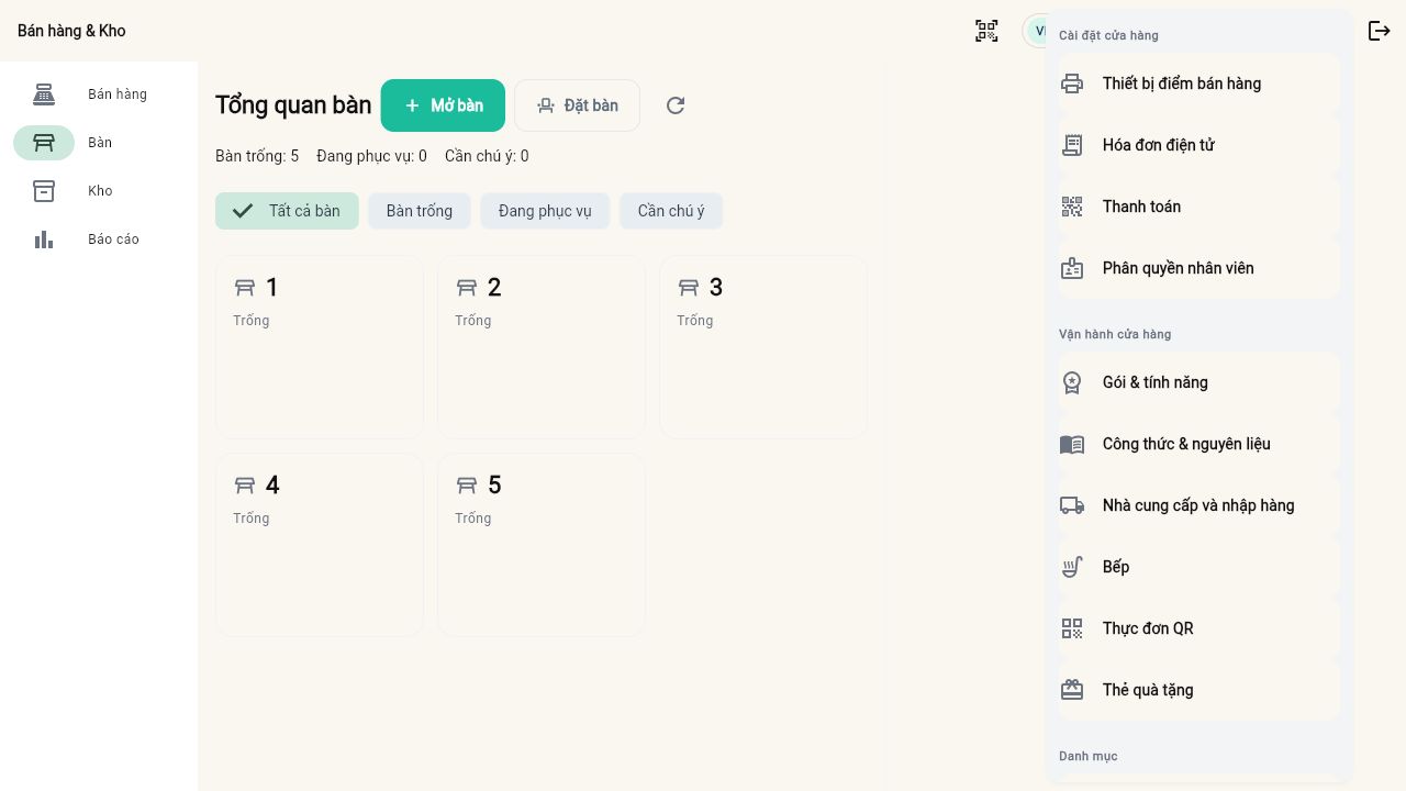 Menu quản lý Efix POS